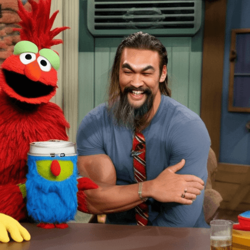 Jason Momoa and Mister Rogers Having a Beer on Sesame Street